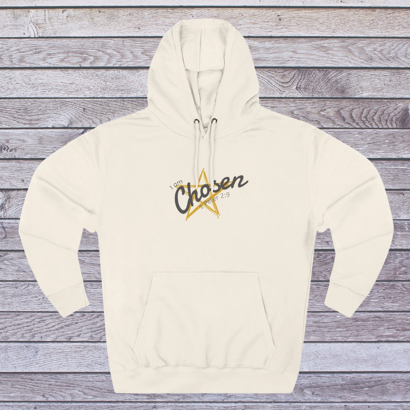 Sandshell Beige hoodie with 'Chosen' text and star graphic on a wooden surface