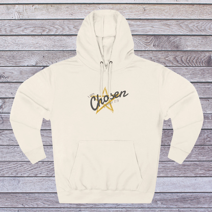 Sandshell Beige hoodie with 'Chosen' text and star graphic on a wooden surface