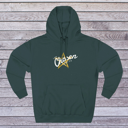 Green hoodie with 'Chosen' text on a wooden surface