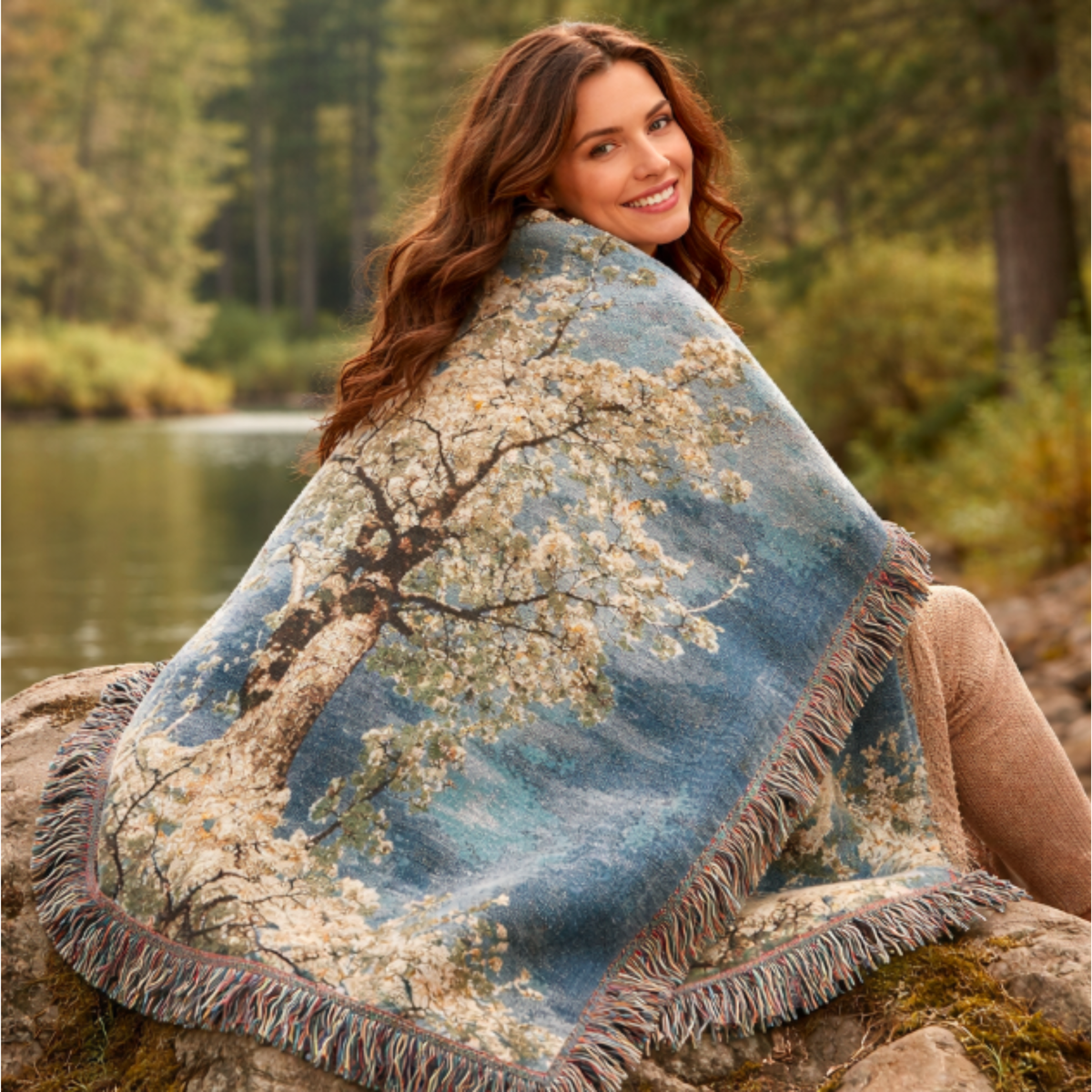 White Blossom Tree | Woven Blanket | Oregon Floral Cotton Throw