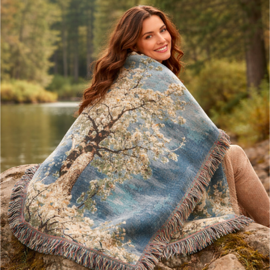 White Blossom Tree | Woven Blanket | Oregon Floral Cotton Throw