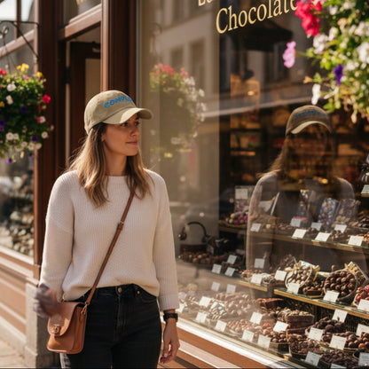 Brown cap with blue 'COMPLETE Gal. 2:20' text outside of a chocolate shop