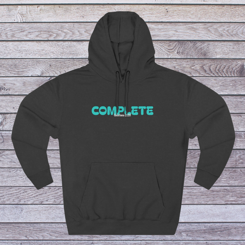 Charcoal Heather Black hoodie with teal text on a wooden surface