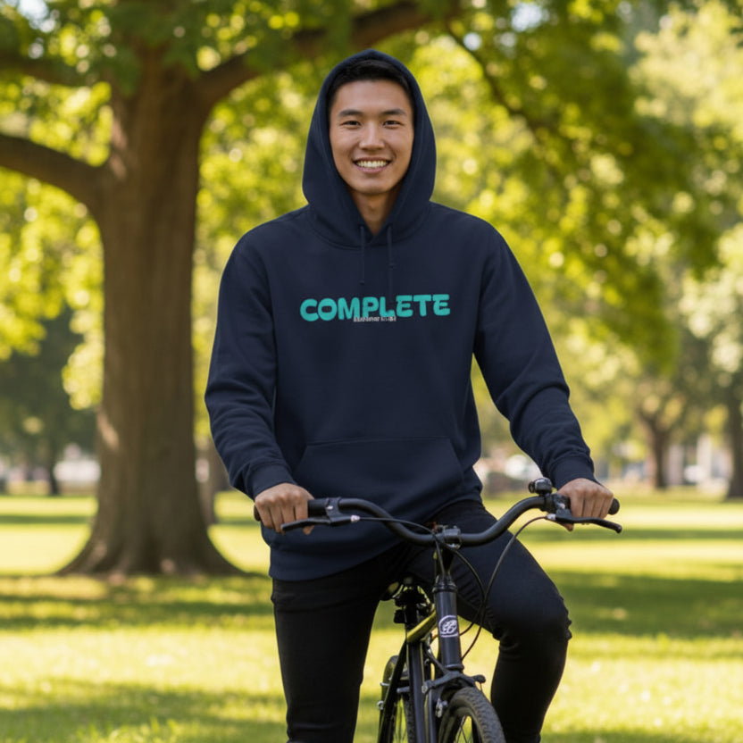 Navy blue hoodie with 'COMPLETE' text in teal with man on bike