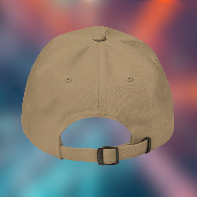 Beige baseball cap on a colorful gradient background, back view of cap
