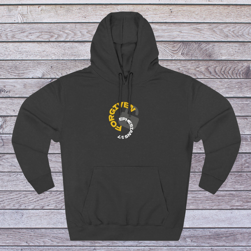 Charcoal Heather hoodie with a logo on a wooden surface, 'Forgiven, Ephesians 1:7' and an unlocked lock