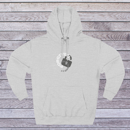 Heather Gray hoodie with a logo on a wooden surface, 'Forgiven, Ephesians 1:7' and an unlocked lock