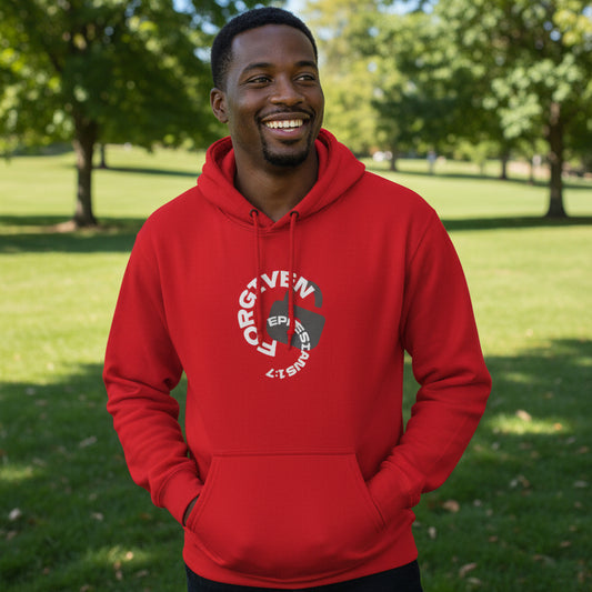 Red hoodie with a 'Forgiven, Ephesians 1:7' logo on the chest at the park