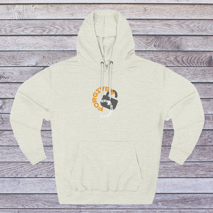 Oatmeal Heather hoodie with a graphic design on a wooden surface