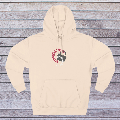 Pale Pink Beige hoodie with a graphic design on a wooden surface