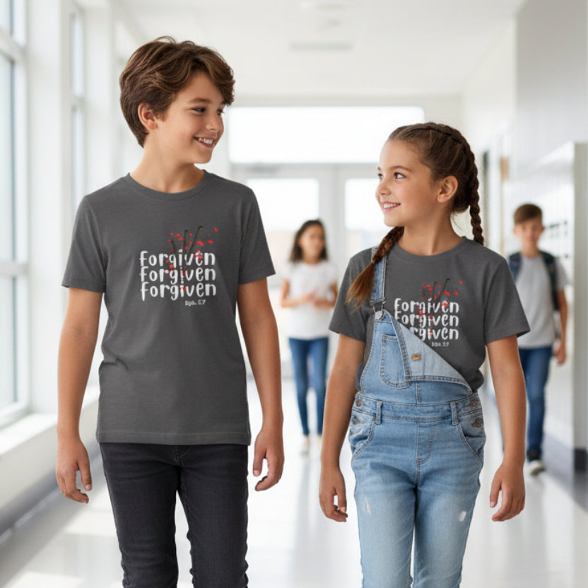 Gray t-shirt with 'Forgiven' text design at school