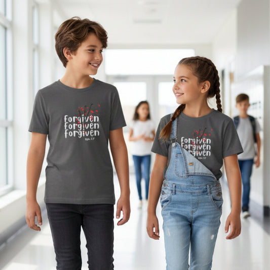 Gray t-shirt with 'Forgiven' text design at school