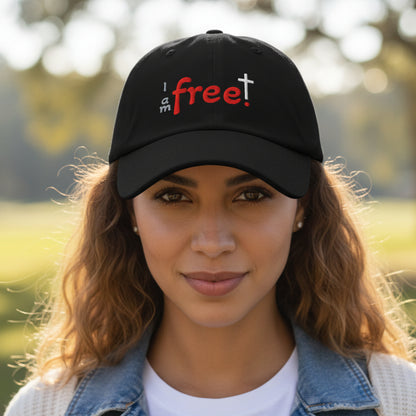 Black cap with 'I am free!' text in red and a cross symbol outside