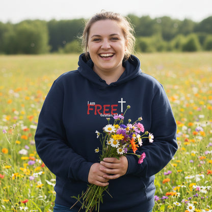 Navy blue hoodie with red and white text 'I am free, Galatians' in a field of flowers