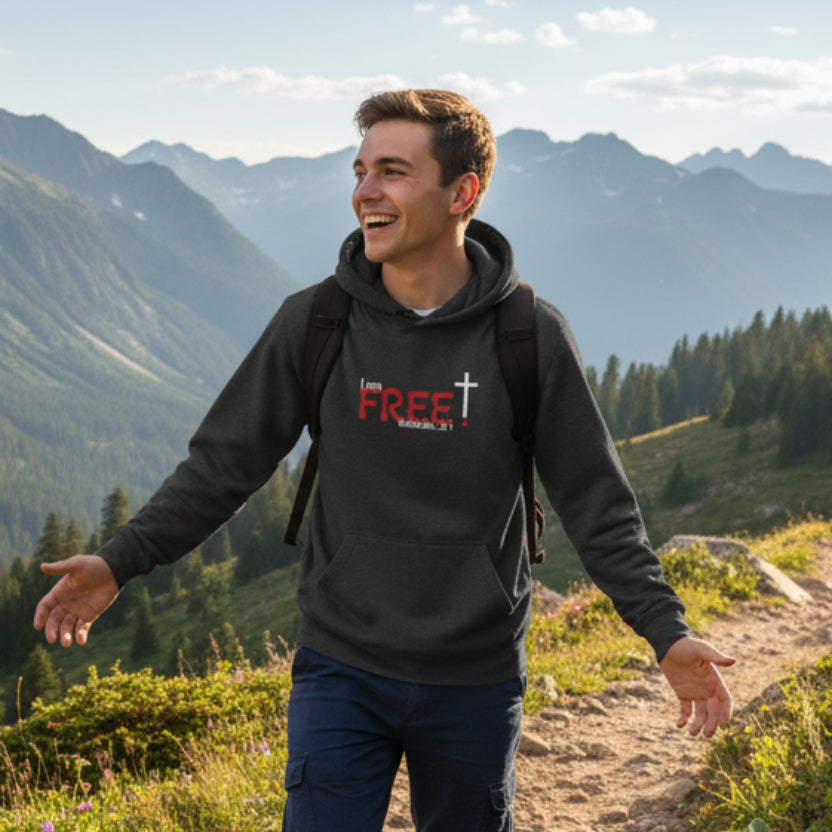 Black hoodie with red and white text 'I am free, Galatians' and cross design hiking in the mountains