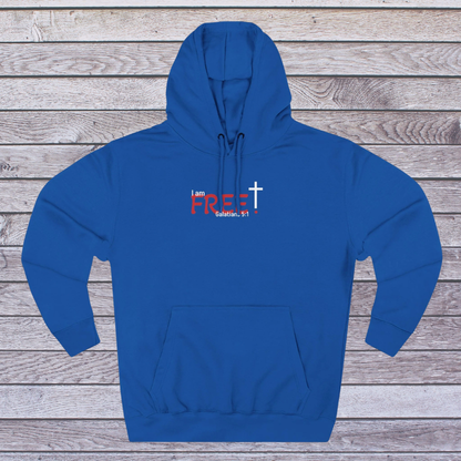 Royal Blue hoodie with text and cross design on a wooden background