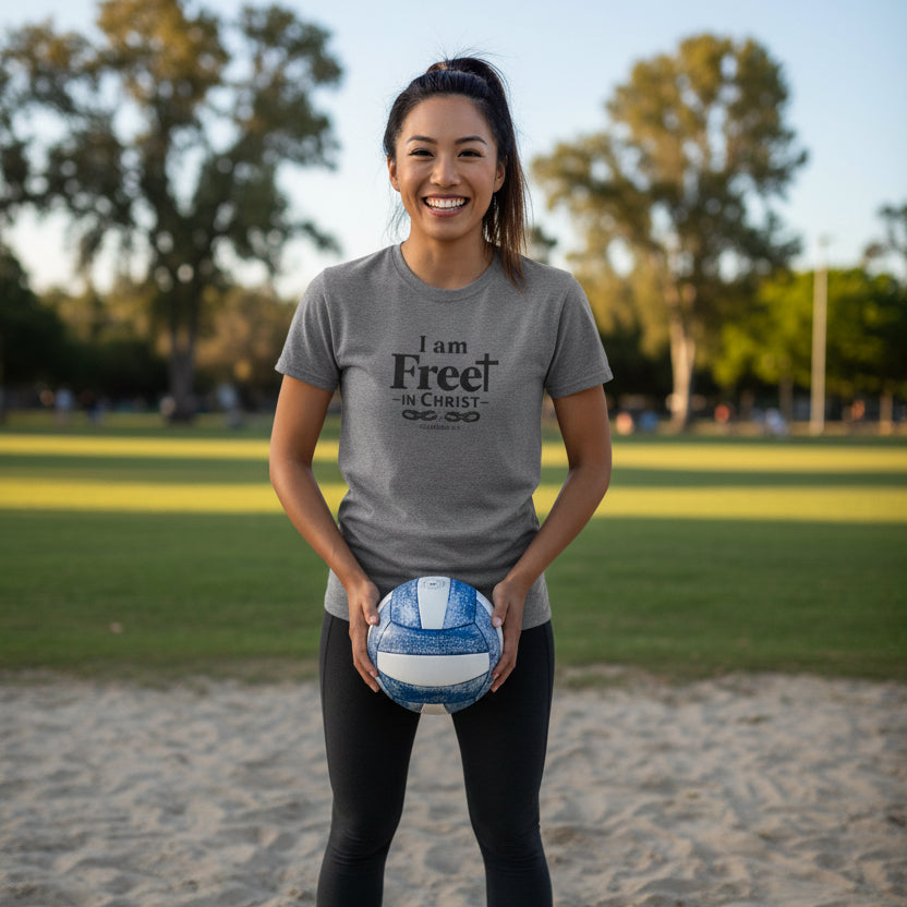 Gray t-shirt with graphic design 'I am Free in Christ' worn by female holding a volleyball outside