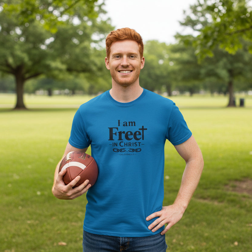 Sapphire Blue t-shirt with 'I am Free in Christ', man with red hair holding football