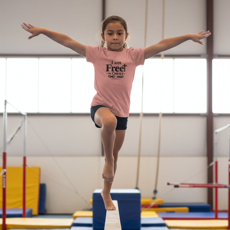 Gymnast wearing Mauve t-shirt with 'I am Free in Christ' at gymnasium