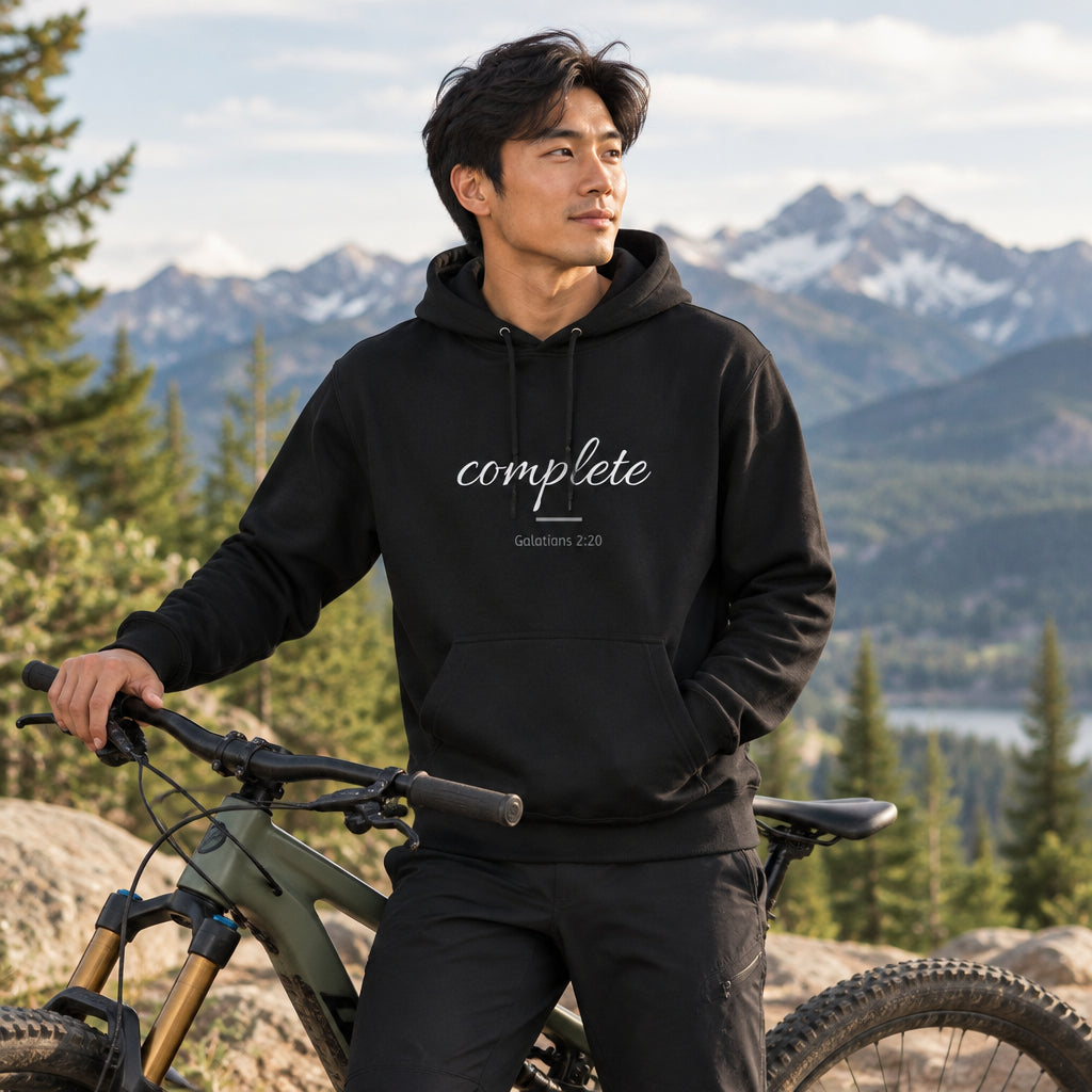 Black hoodie with text 'complete, Galatians 2:20' 