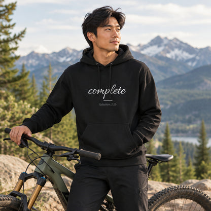 Black hoodie with text 'complete, Galatians 2:20' 