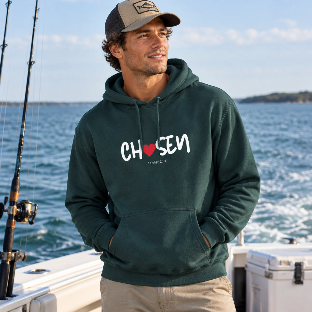 Green hoodie with white word graphic design "chosen"