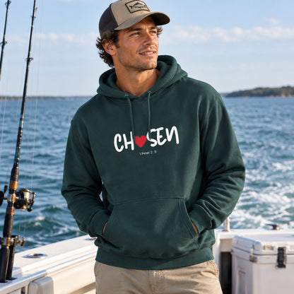 Green hoodie with white word graphic design "chosen"