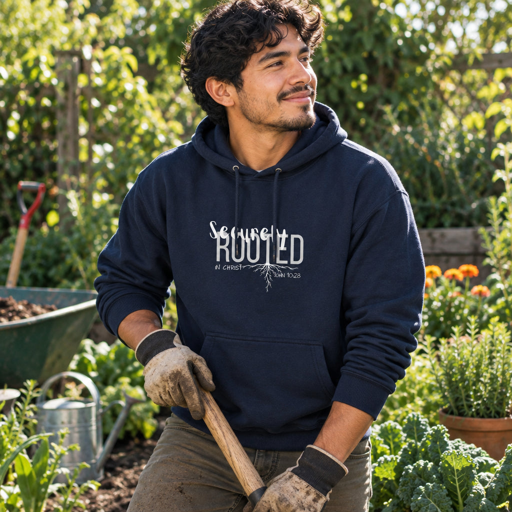 Navy blue hoodie with graphic design 'securely rooted'