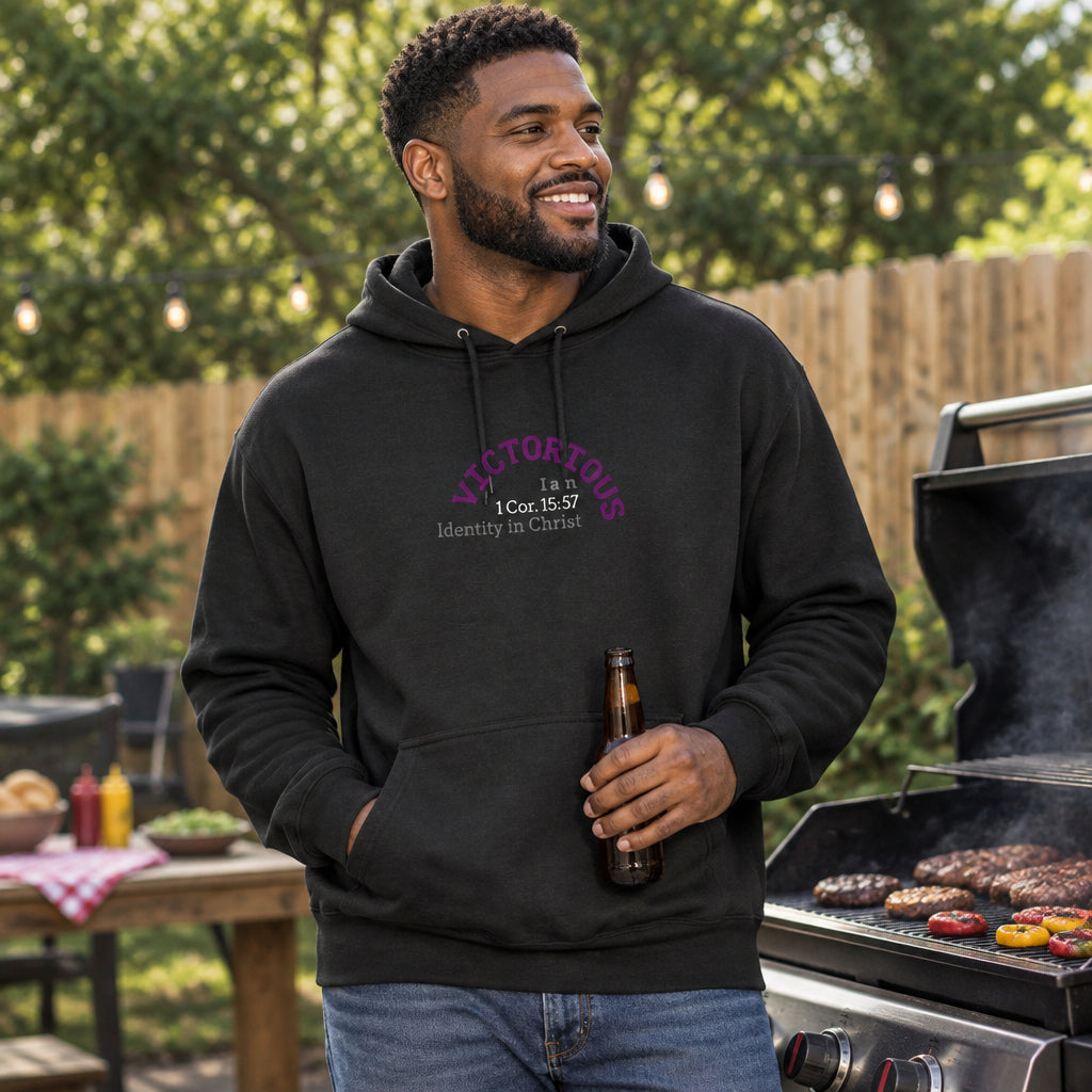 Black hoodie with the word "Victorious" 