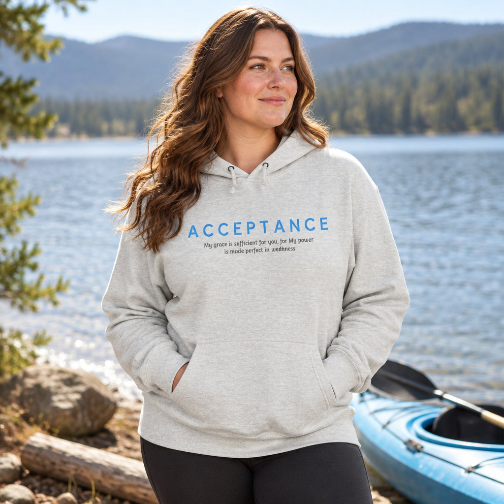 Light cream hoodie with text 'acceptance' and a bible verse