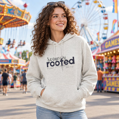 A light heather gray hoodie featuring a dark navy graphic print on the front that reads 'Security rooted' with a root design.