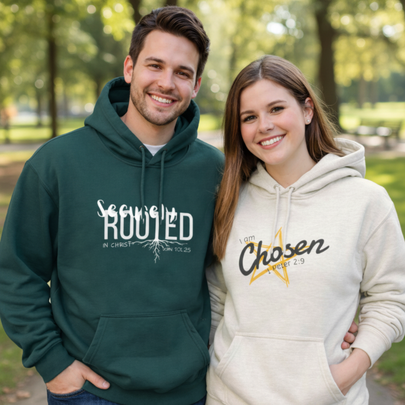 Two people wearing hoodies with motivational text against a light gray background