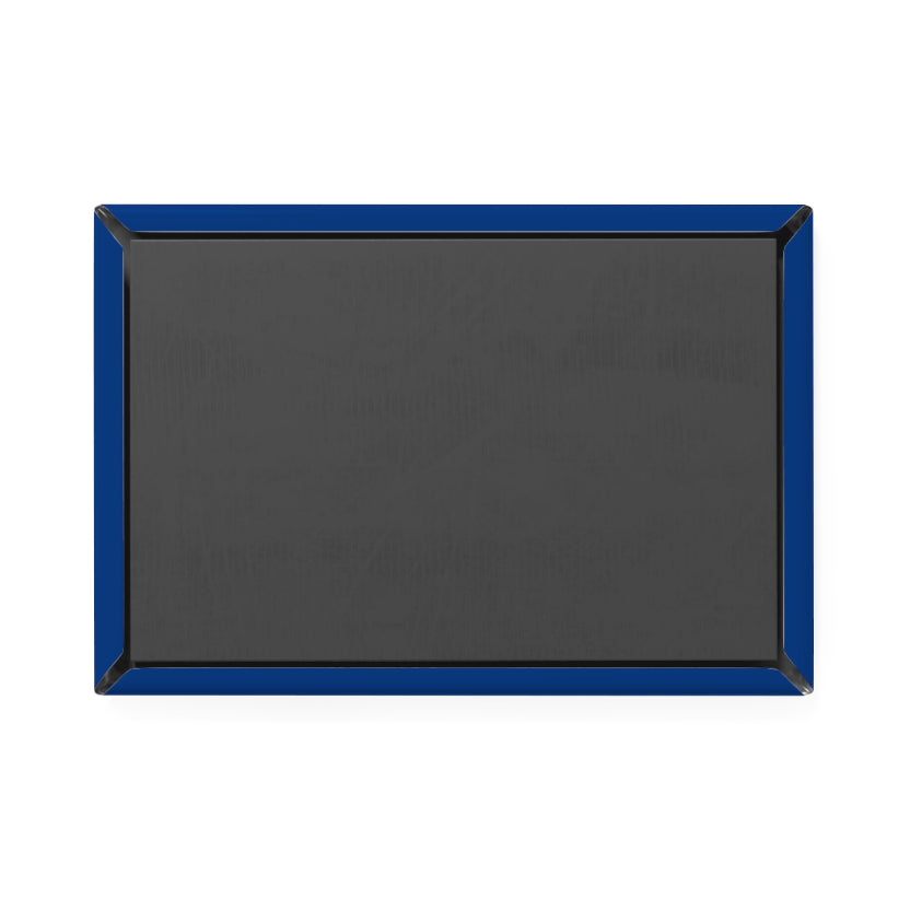 Black rectangular sign with a blue border on a white background