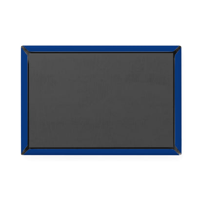 Black rectangular sign with a blue border on a white background