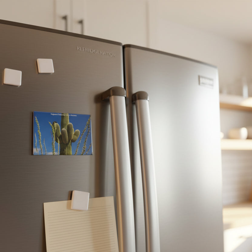 Magnet with a cactus image attached to a refrigerator door.