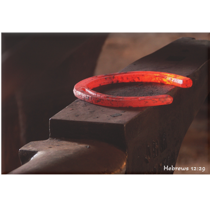 Red horseshoe on a black anvil with 'Hebrews 12:29' text.