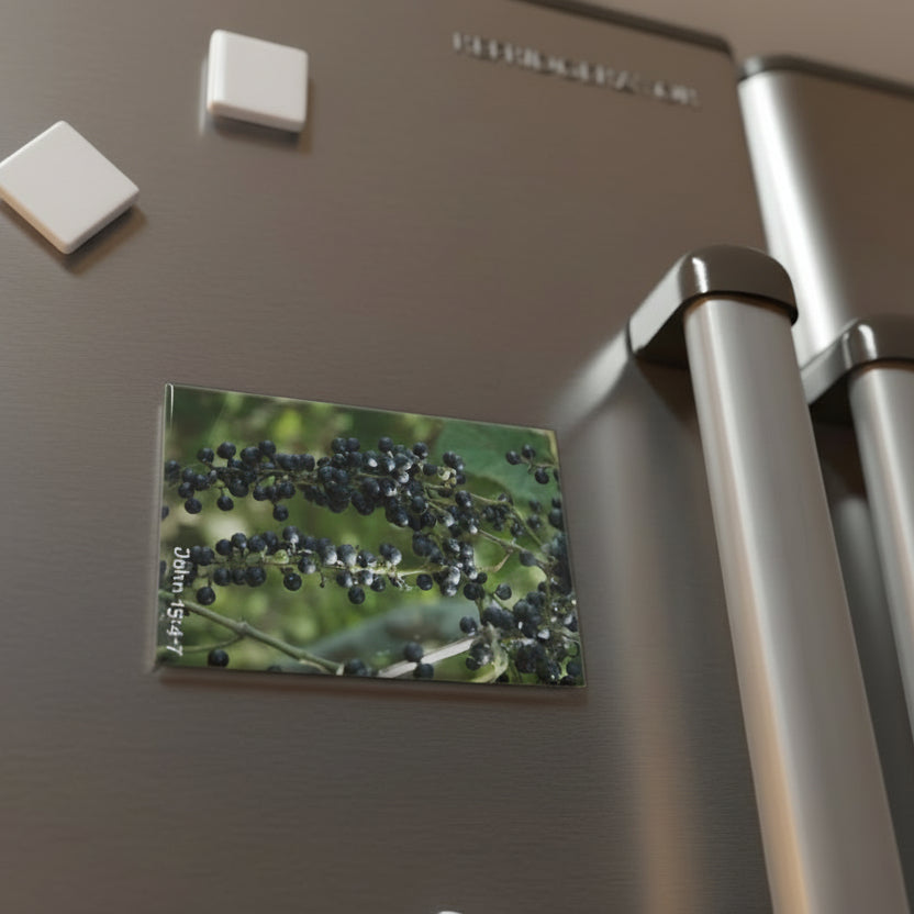 Magnetic refrigerator with a photo magnet of berries and leaves on a brown refrigerator door.