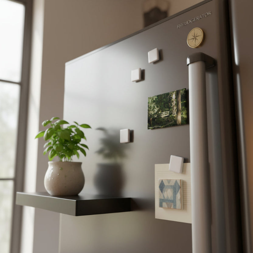 Fridge with magnets including a nature-themed magnet