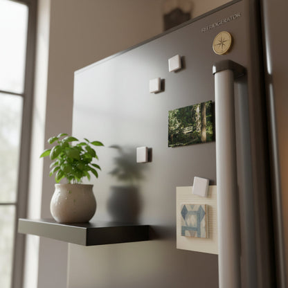 Fridge with magnets including a nature-themed magnet