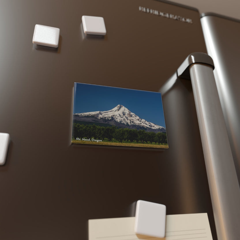 Fridge with a magnet featuring a mountain landscape on a brown refrigerator.