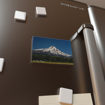 Fridge with a magnet featuring a mountain landscape on a brown refrigerator.