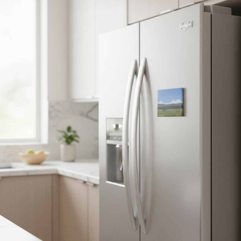 Fridge magnet of a mountain landscape on a refrigerator door