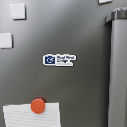 Pixel Pivot Design sticker on a refrigerator with a pen and paper attached.