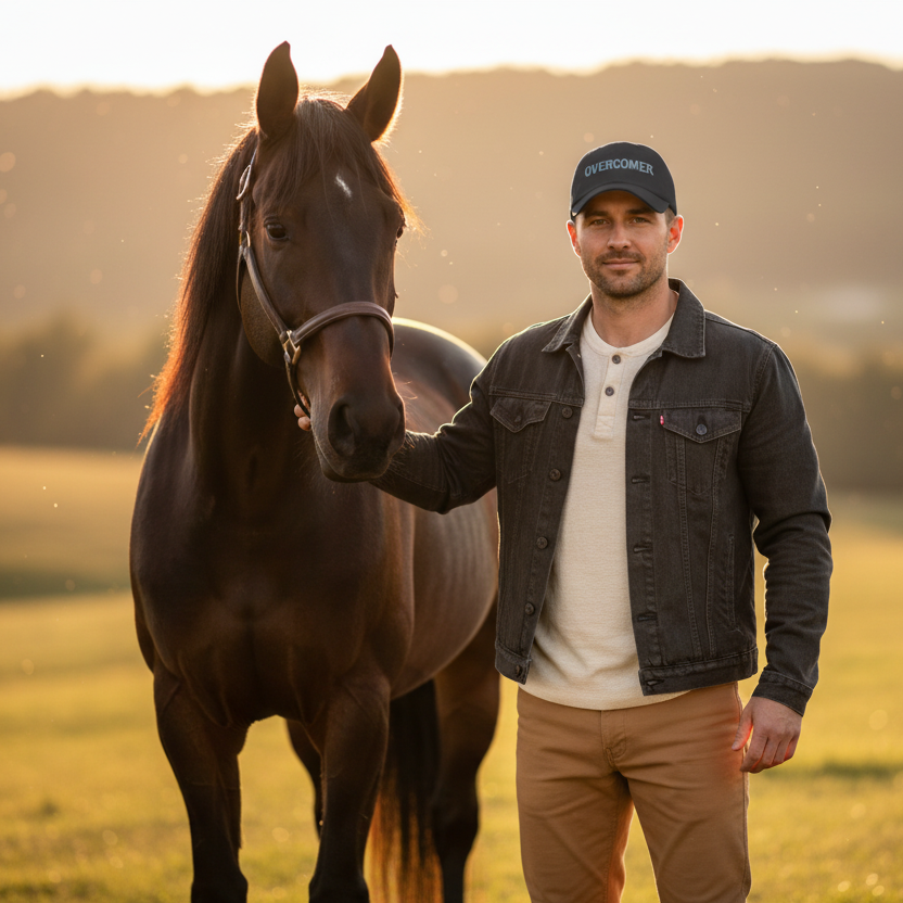 Dark Grey dad cap with 'OVERCOMER' text standing in a field with a horse