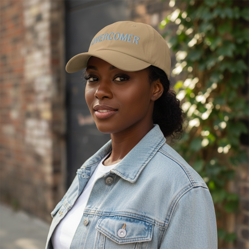 Brown cap with 'OVERCOMER' text outside by vine