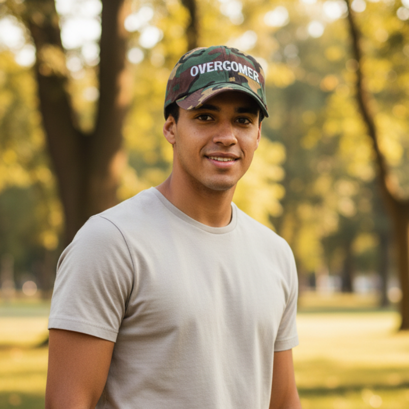 Camouflage baseball cap with 'OVERCOMER' text under the trees