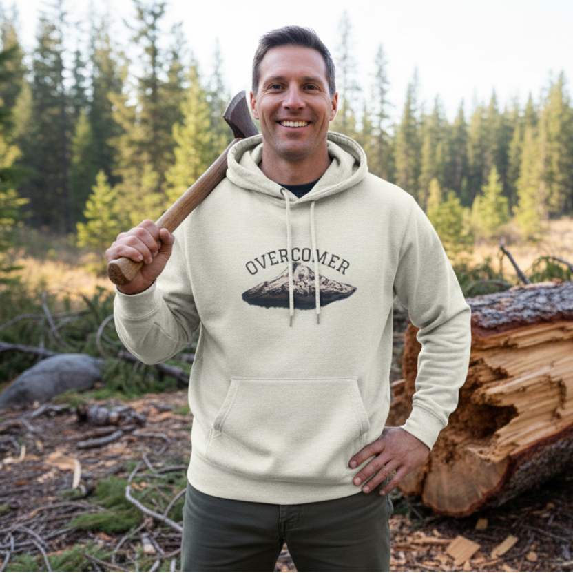 Light gray hoodie with 'Overcomer' graphic of Mt. Hood in Oregon