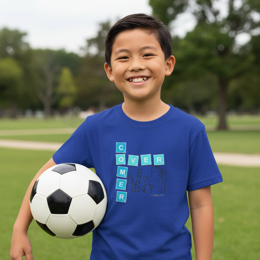 True Royal Blue t-shirt with text 'Overcomer, 1 John 5:4' design with a soccer ball