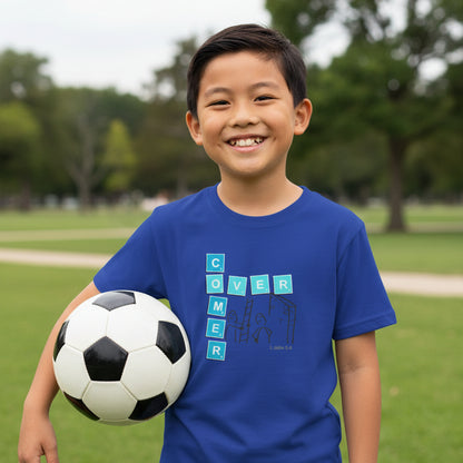 True Royal Blue t-shirt with text 'Overcomer, 1 John 5:4' design with a soccer ball