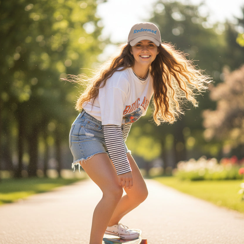 Beige cap with blue and white text 'Redeemed and set free' outside on longboard